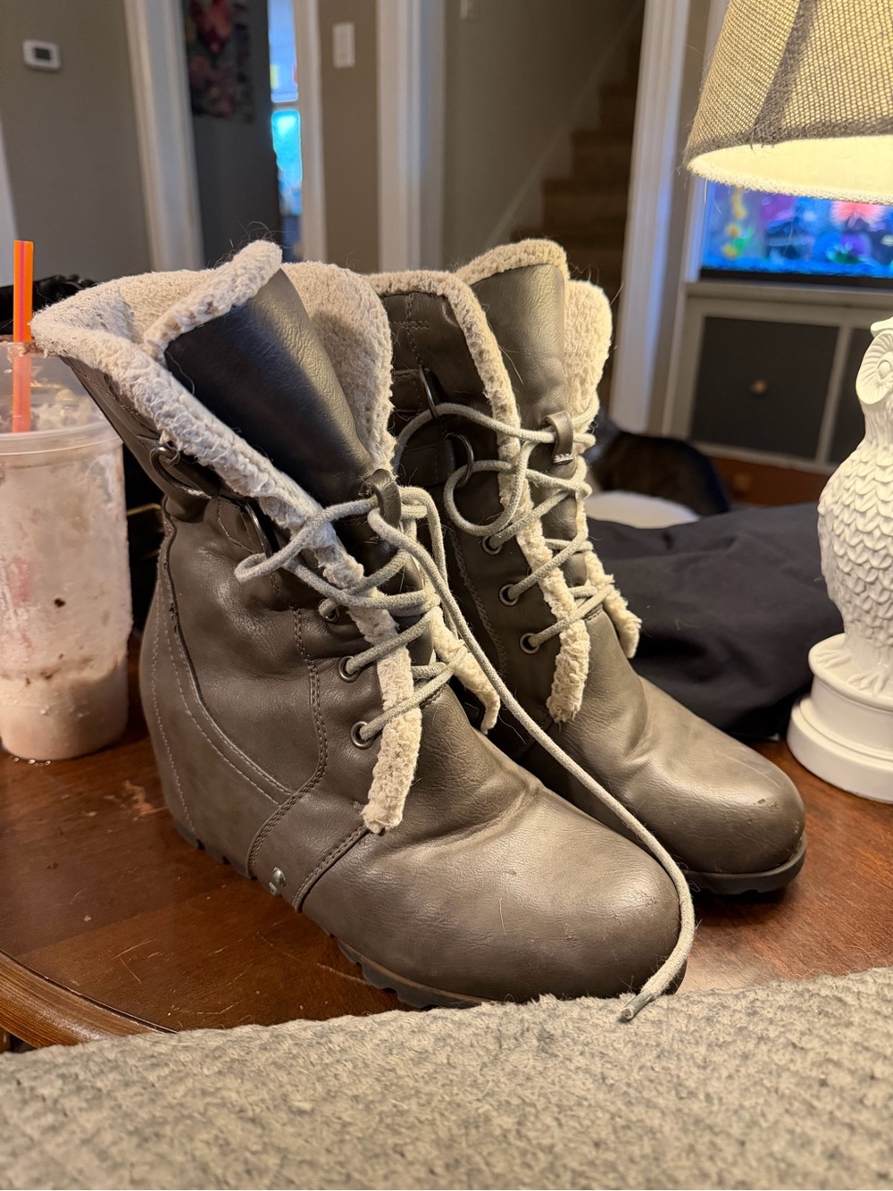 Women’s Faux-Shearling Lace-Up Ankle Boots in Gray/Brown